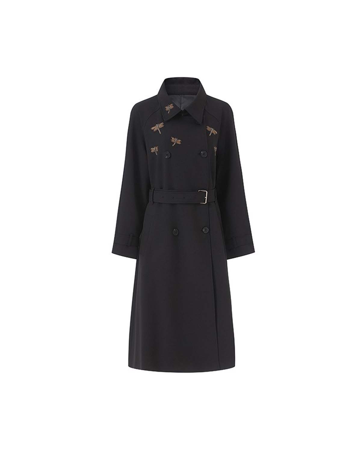 Women's Heavy-Duty Dragonfly Embroidered Double-Breasted Belted Trench Coat-wt665-2
